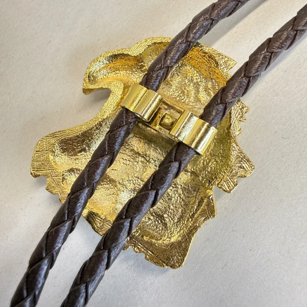 Vintage Eagle Head‎ Bolo Tie Braided Brown Cord Western Americana Gold Tone